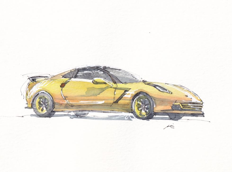 Yellow Corvette - Cars - Watercolor - Signed Prints