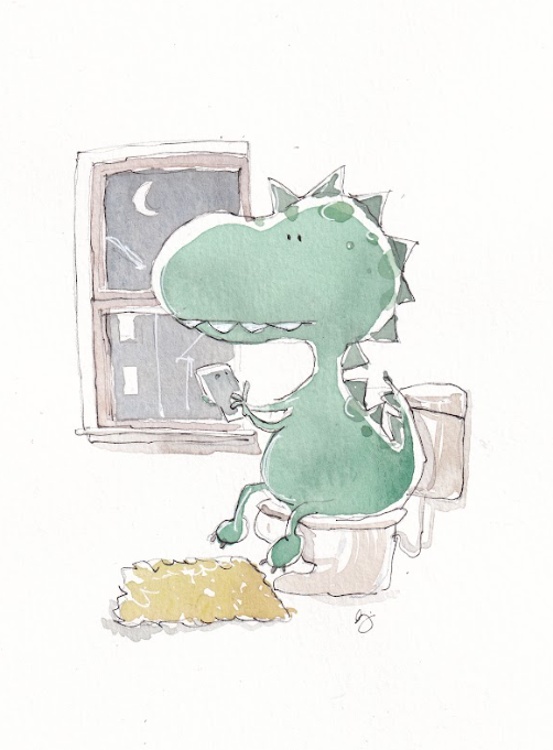 Dinosaur - Trex Bathroom - Toilet with Cell Phone - Watercolor - Signed Prints