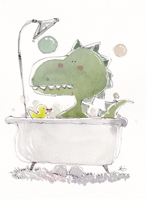 Dinosaur - Trex Bathroom - Bathtub - Watercolor - Signed Prints