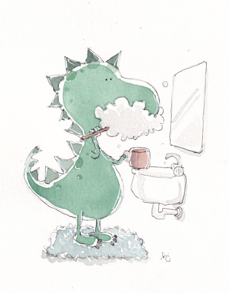 Dinosaur - Trex Bathroom - Brushing Teeth - Watercolor - Signed Prints