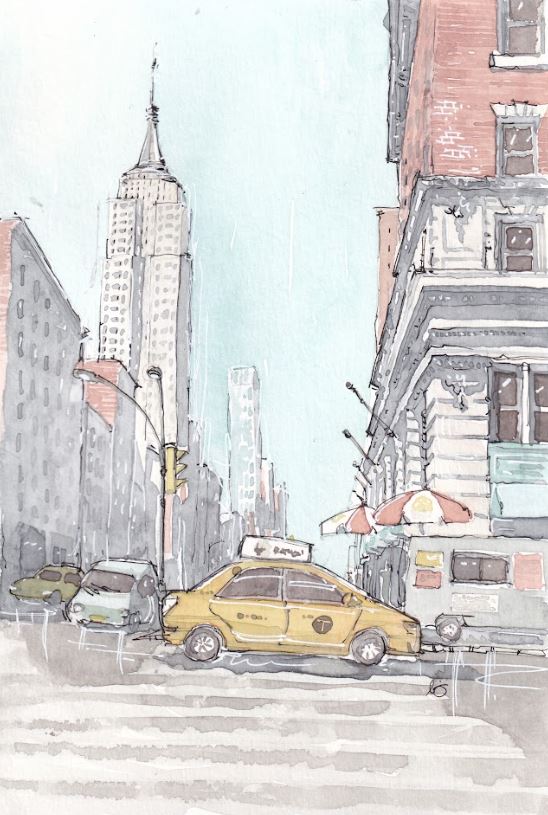 Empire State with Taxi - Watercolor - Signed Prints