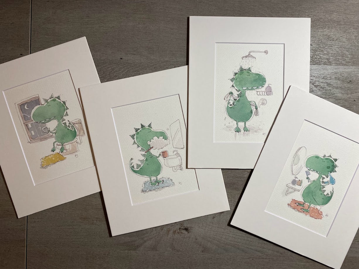 Dinosaur - Trex Bathroom - Brushing Teeth - Watercolor - Signed Prints