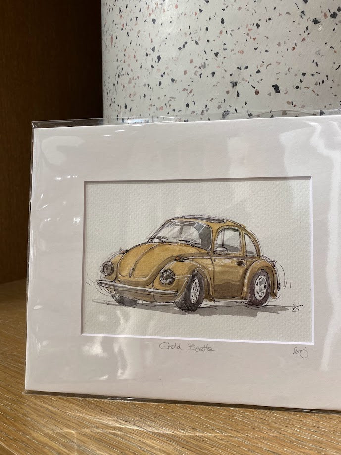 Gold Volkswagen Beetle - Cars - Watercolor - Signed Prints