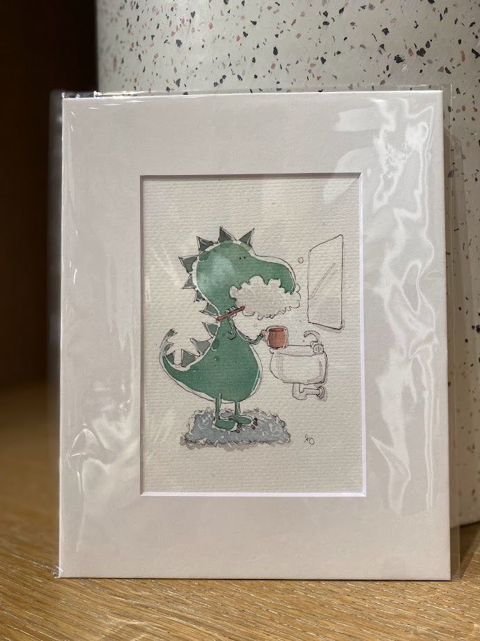 Dinosaur - Trex Bathroom - Brushing Teeth - Watercolor - Signed Prints