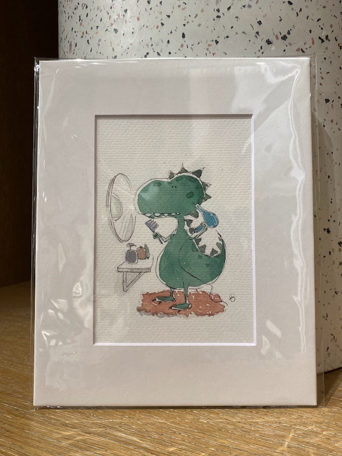 Dinosaur - Trex Bathroom - Hairdryer - Watercolor - Signed Prints