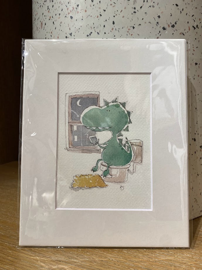 Dinosaur - Trex Bathroom - Toilet with Cell Phone - Watercolor - Signed Prints