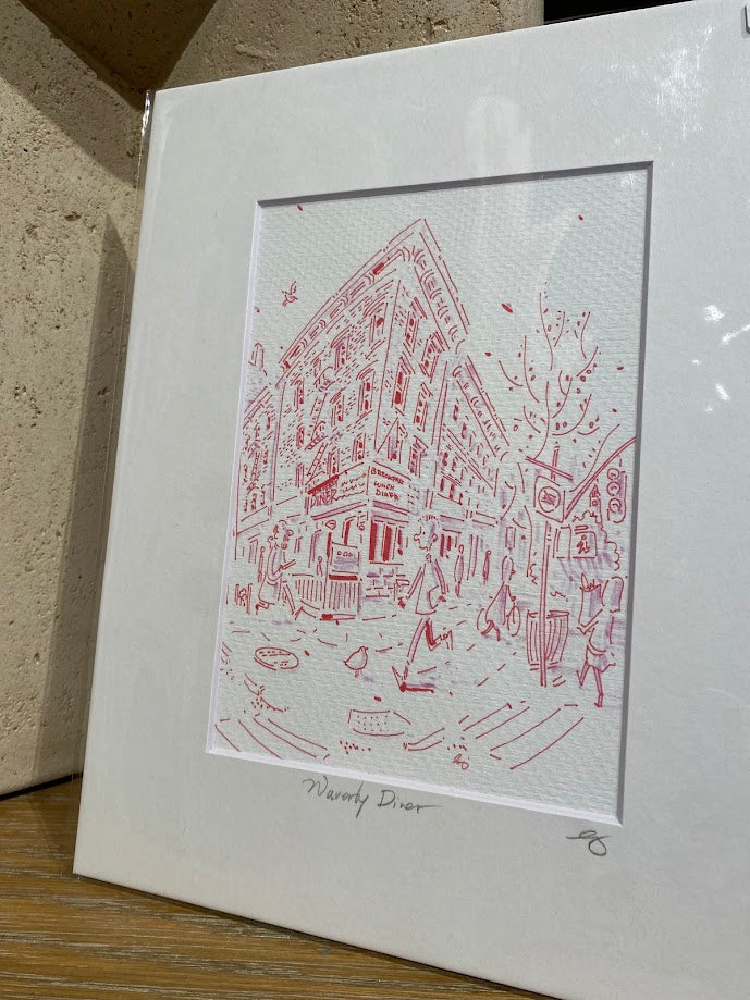 Waverly Place, Waverly Diner - New York City - Cartoon Style - Signed Print