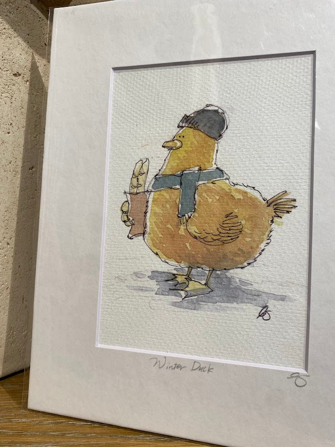 Winter Duck with a Baguette - Watercolor - Signed Prints