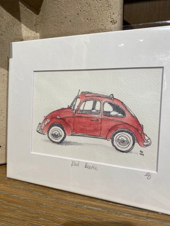 Red Volkswagen Beetle - Cars - Watercolor - Signed Prints