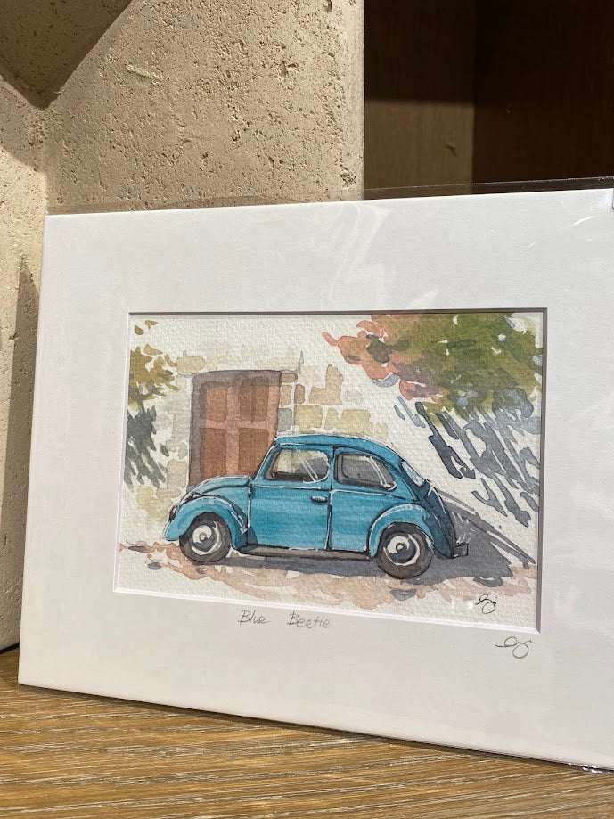 Blue Volkswagen Beetle - Cars - Watercolor - Signed Prints