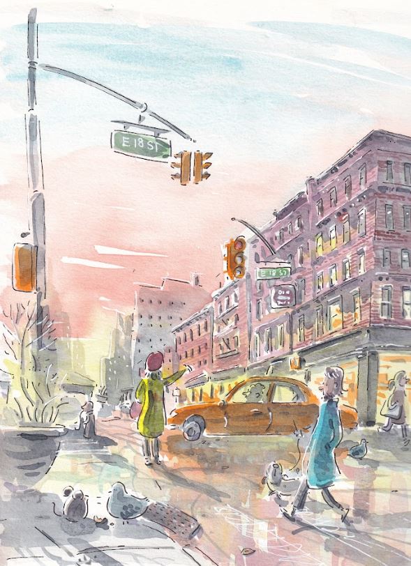 18th & Broadway at Sunset - Flatiron - New York City - Cartoon Style - Signed Print