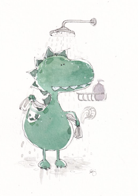 Dinosaur - Trex Bathroom - Shower - Watercolor - Signed Prints