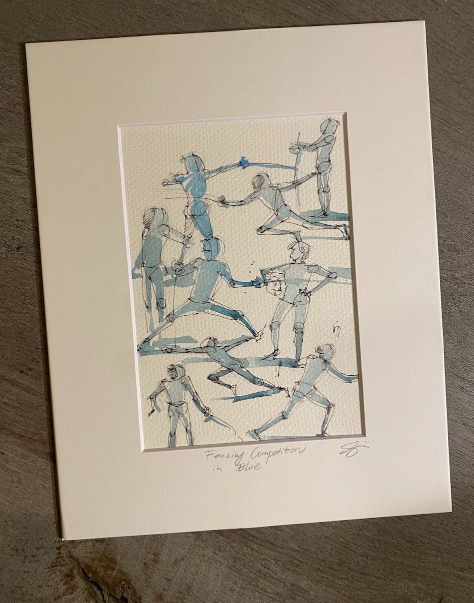 Fencing Competition in Blue - Watercolor - Signed Prints