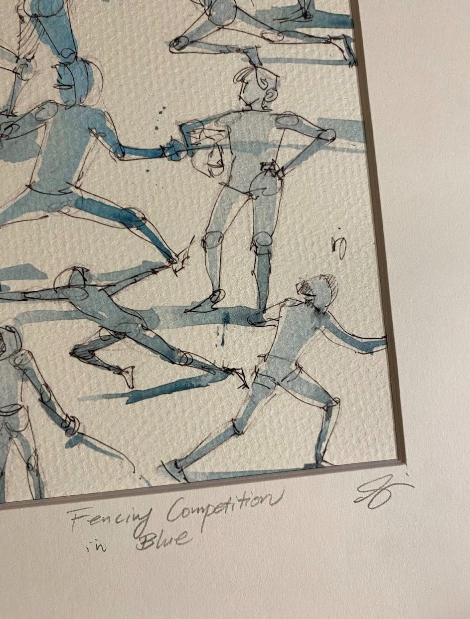 Fencing Competition in Blue - Watercolor - Signed Prints