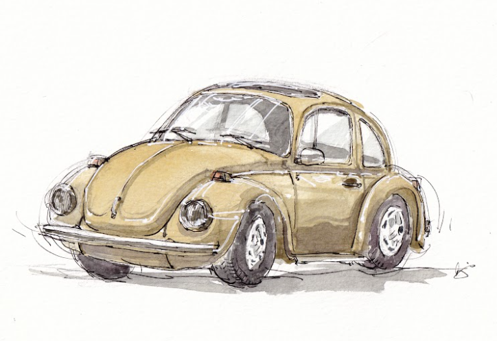 Gold Volkswagen Beetle - Cars - Watercolor - Signed Prints