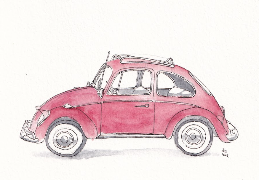 Red Volkswagen Beetle - Cars - Watercolor - Signed Prints