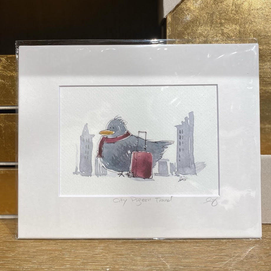 Pigeon Travels with Suitcase - Watercolor - Signed Prints