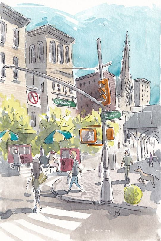 14th & Broadway - New York City - Cartoon Style - Signed Print