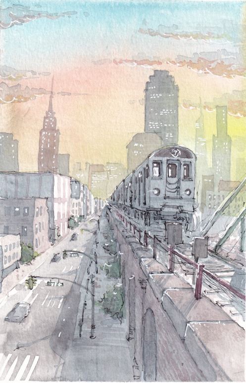 7 Train and Sunset - Queens - Watercolor - Signed Prints