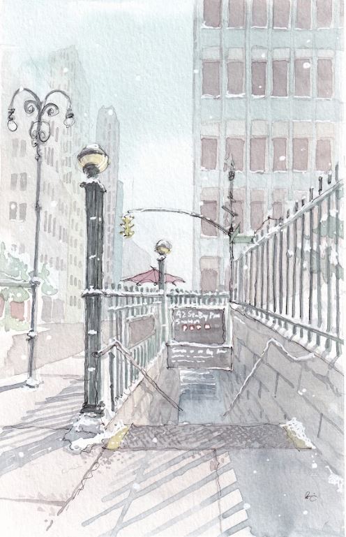 42nd Street Station - Bryant Park Station in Winter - Watercolor - Signed Prints