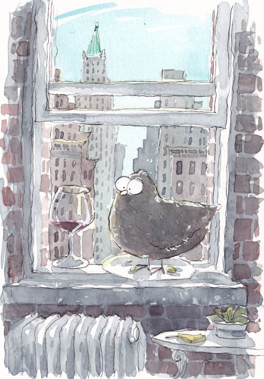 City Pigeon - Got Wine & Cheese? - Watercolor - Signed Prints