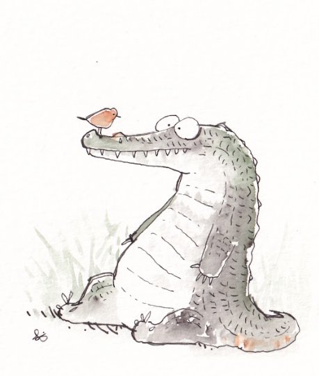 Crocodile & Red Bird - Watercolor - Signed Prints