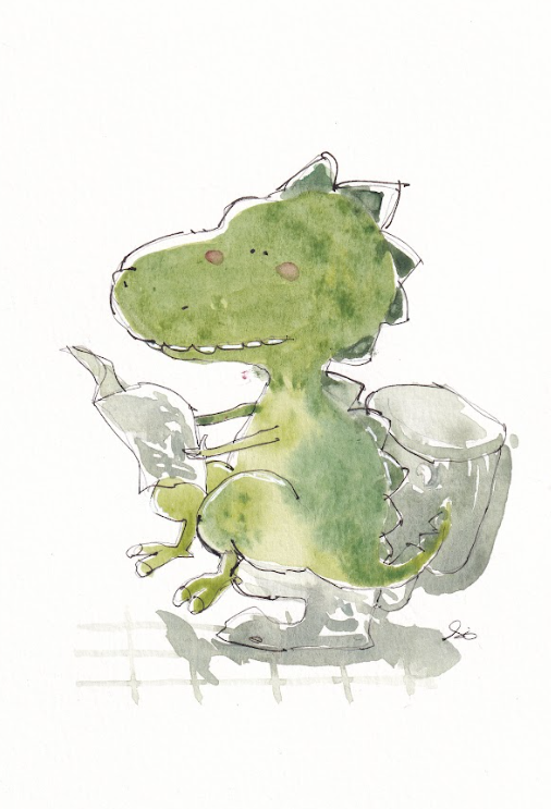 Dinosaur - Trex Bathroom - Toilet with Newspaper - Watercolor - Signed Prints