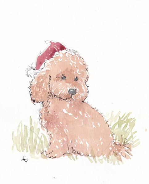 Dog - Goldendoodle Xmas - Watercolor - Signed Prints