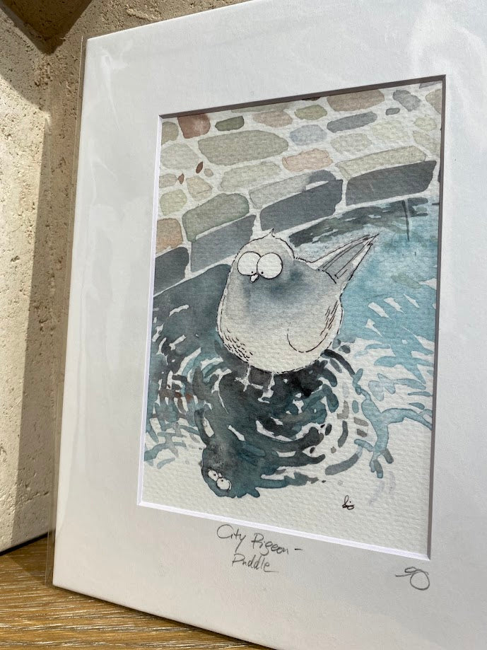 City Pigeon - Puddle - Watercolor - Signed Prints