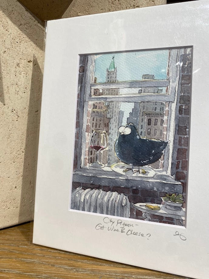 City Pigeon - Got Wine & Cheese? - Watercolor - Signed Prints