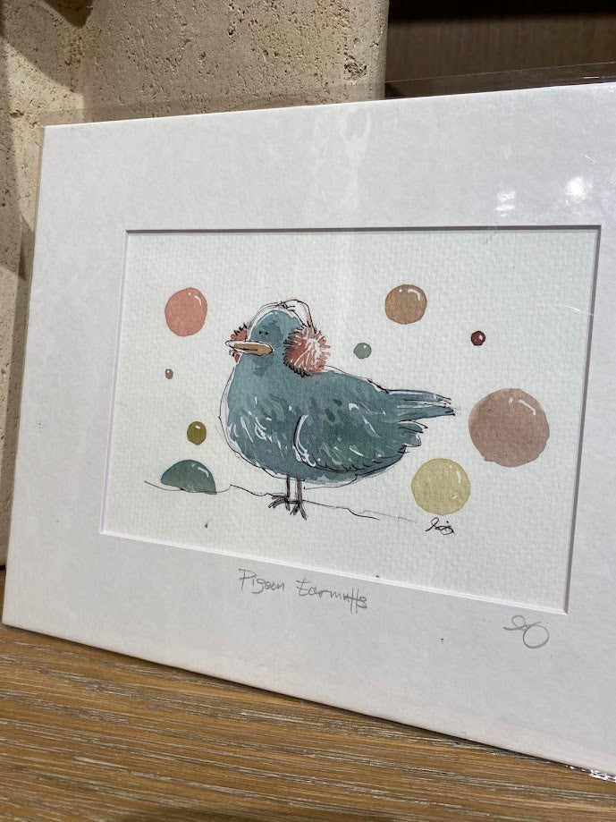 Pigeon with Earmuffs - Watercolor - Signed Prints