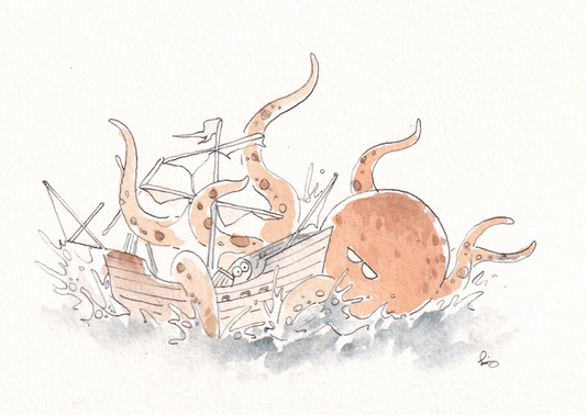 Kraken with sinking ship - Watercolor - Signed Prints