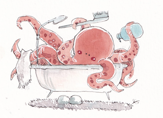 Octopus Bath Routines - Bathroom - Watercolor - Signed Prints