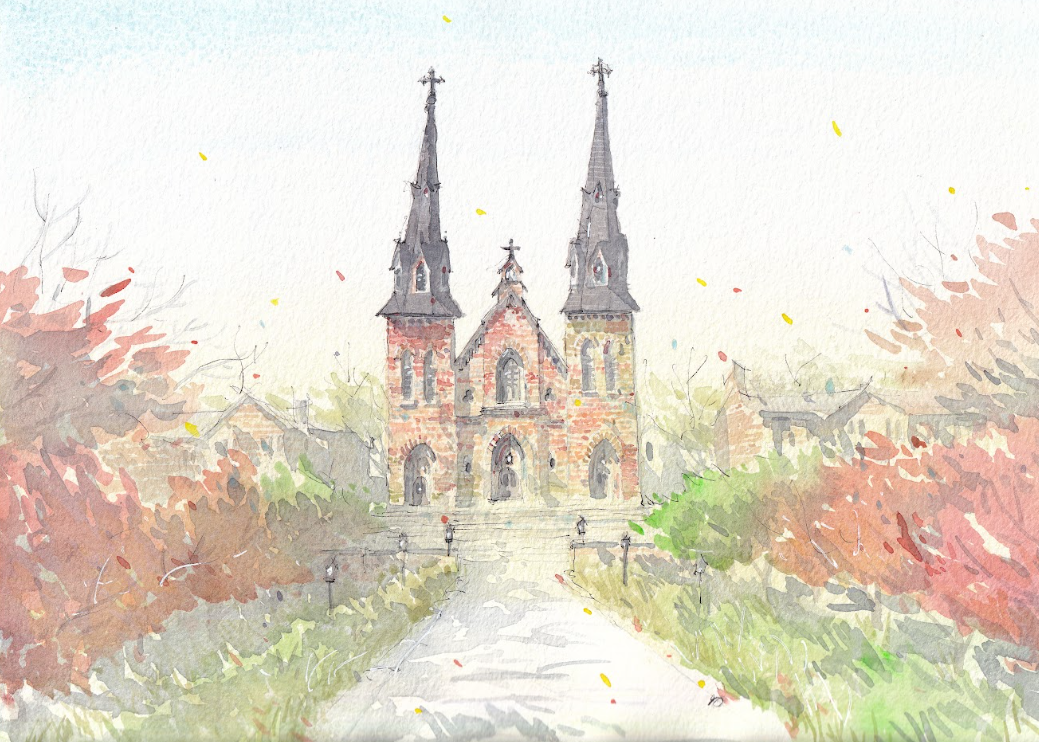 Original Painting - Villanova University - St. Thomas of Villanova Church in the Fall