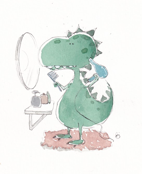 Dinosaur - Trex Bathroom - Hairdryer - Watercolor - Signed Prints