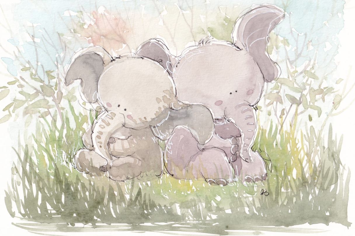 Twin Elephants - Watercolor - Signed Prints