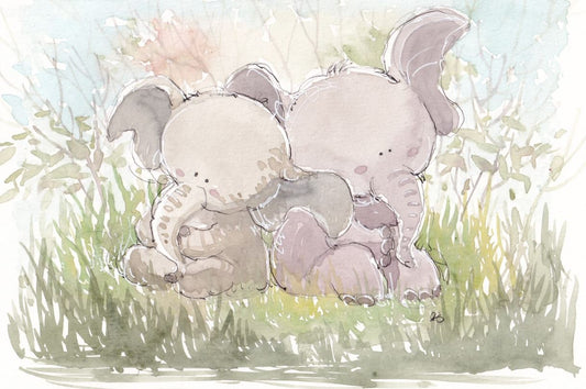 Twin Elephants - Watercolor - Signed Prints