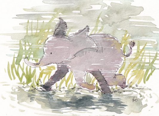 Elephant Running - Watercolor - Signed Prints