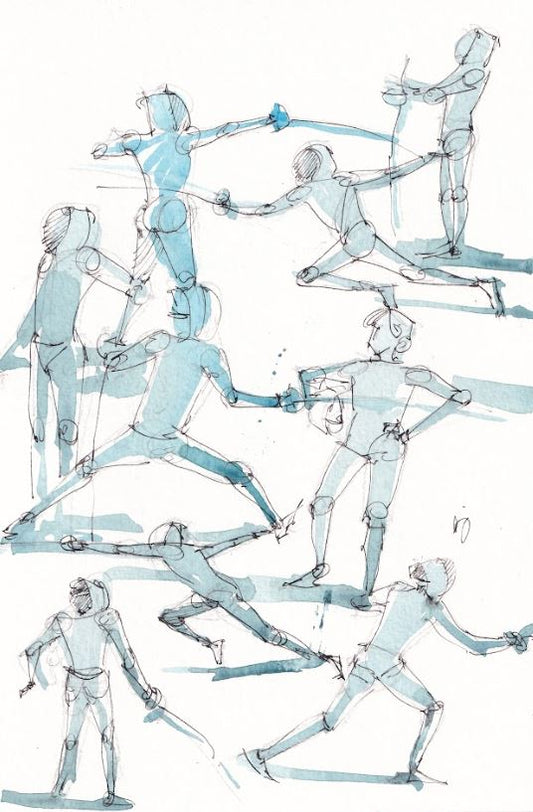 Fencing Competition in Blue - Watercolor - Signed Prints